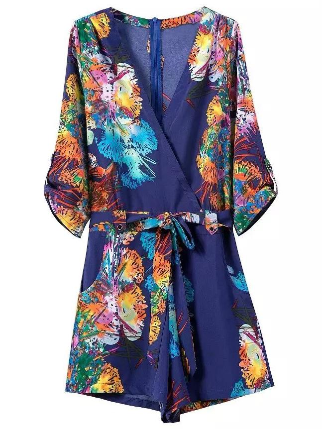 Shein Multicolor Pockets Tie-waist Bow Flower Printed Romper