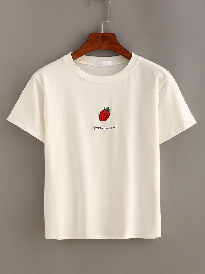Shein Strawberry Embroidered Short Sleeve T-shirt