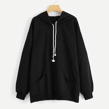 Shein Plus Pocket Front Drawstring Solid Hoodie