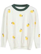 Shein White Contrast Lemon Embroidered Sweater