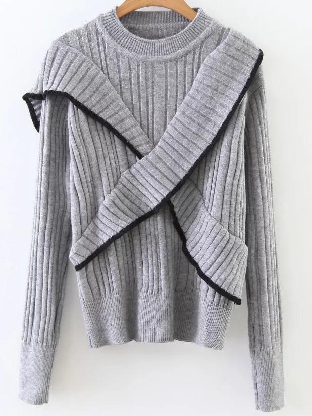 Shein Grey Ribbed Cross Ruffle Sweater