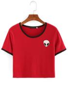 Shein Red Crew Neck Alien Print Crop T-shirt