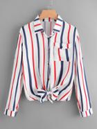 Shein Vertical Striped Roll Tab Sleeve Knotted Hem Shirt