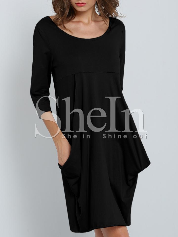Shein Black Scoop Neck Pockets Dress