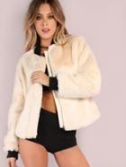 Shein Apricot Collarless Zip Up Faux Fur Coat
