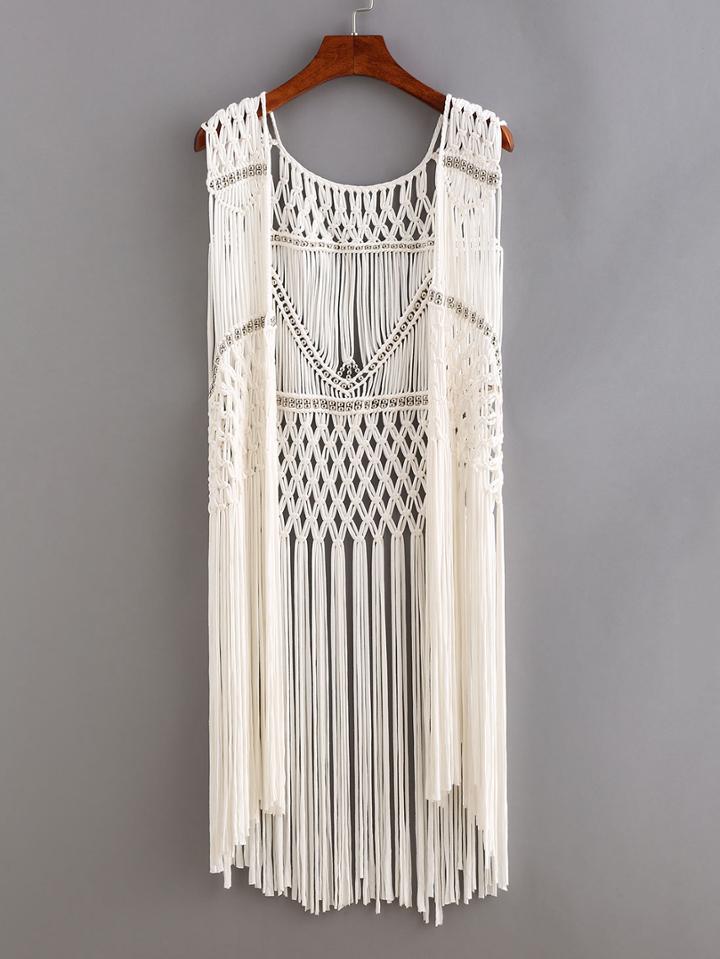 Shein Beaded Macrame Fringe Open-front Top - White