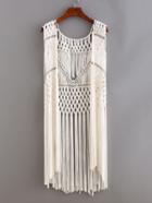 Shein Beaded Macrame Fringe Open-front Top - White