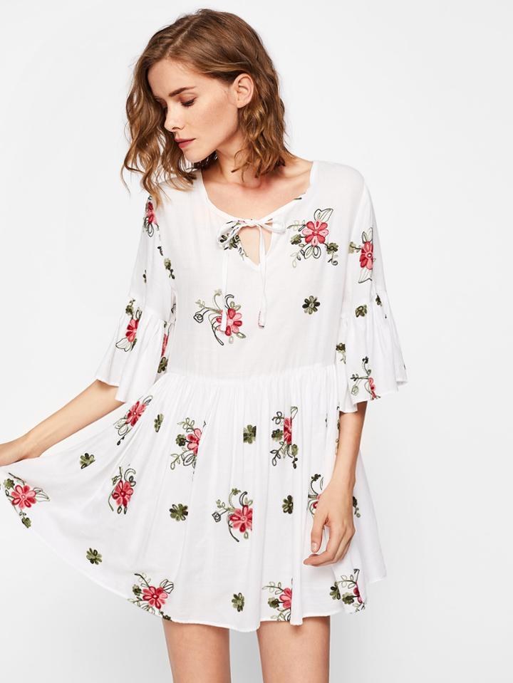 Shein Keyhole Tie Neck Flower Embroidered Smock Dress