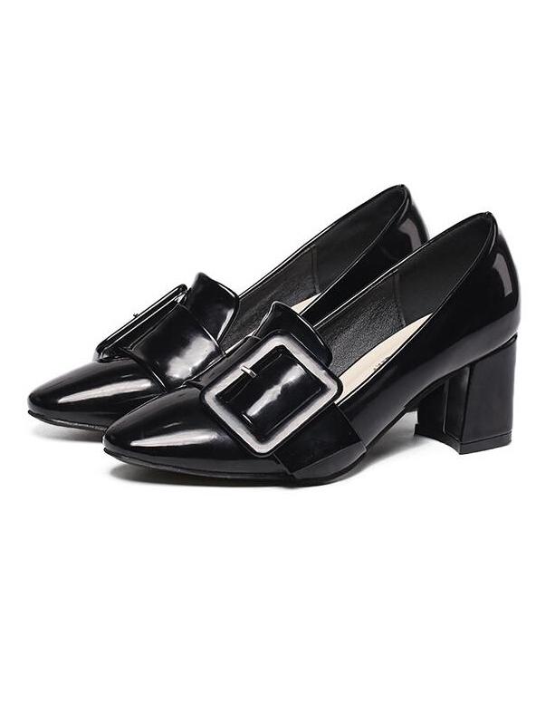 Shein Black Square Toe Buckle Embellished Mid Heeled Shoes