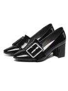 Shein Black Square Toe Buckle Embellished Mid Heeled Shoes