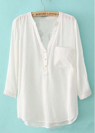 Rosewe Hot Sale Loose Pattern Chiffon V Neck Shirts White