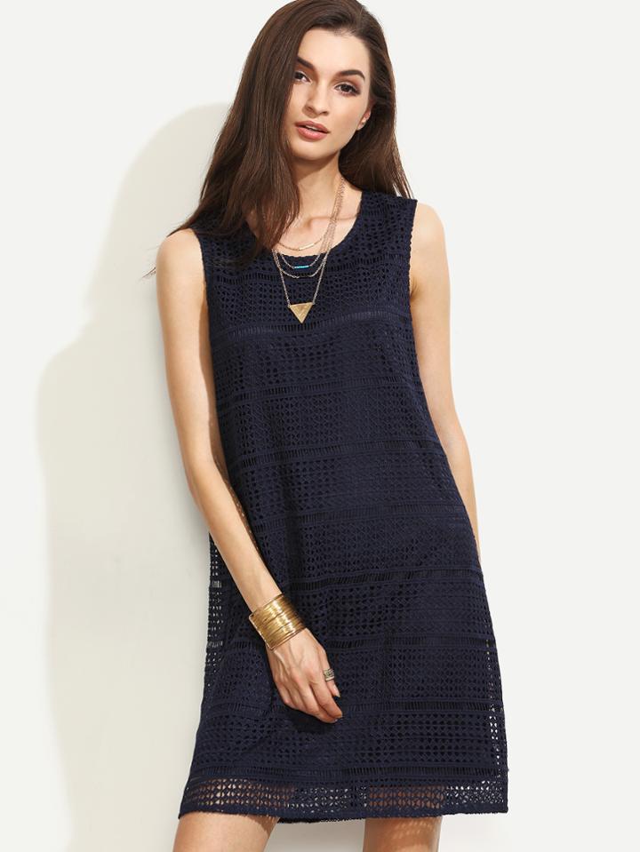 Shein Navy Round Neck Sleeveless Shift Lace Dress