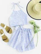 Shein Striped Bow Tie Open Back Top With Shorts