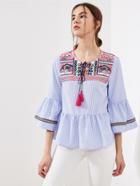 Shein Tassel Tie Embroidered Yoke Fluted Sleeve Tiered Blouse