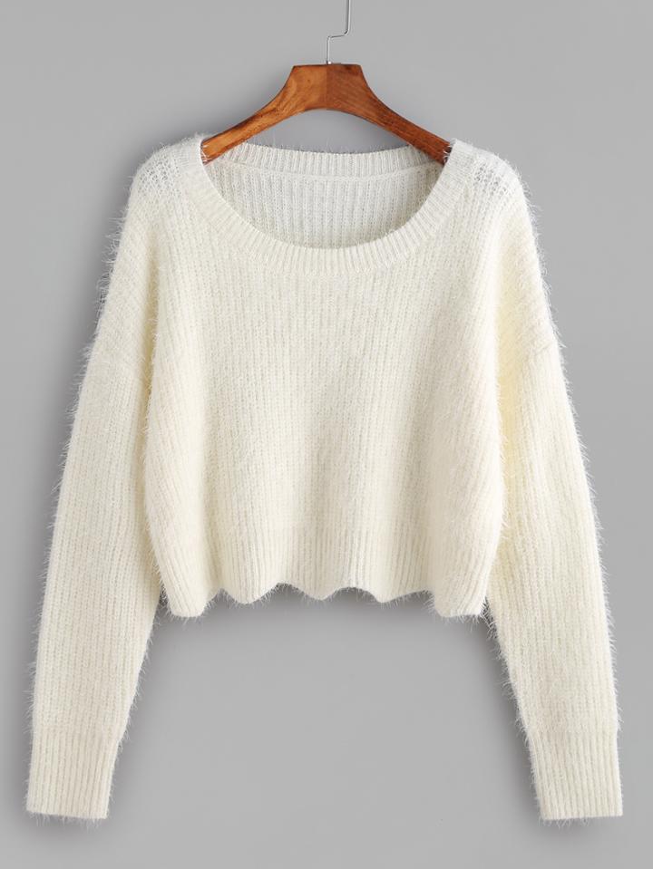 Shein White Scoop Neck Drop Shoulder Crop Fluffy Sweater