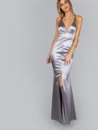 Shein Cross Back Satin Slit Maxi Gown Silver