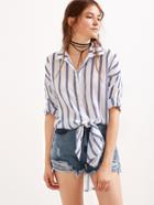 Shein Vertical Striped Roll Tab Sleeve Slit Side Shirt