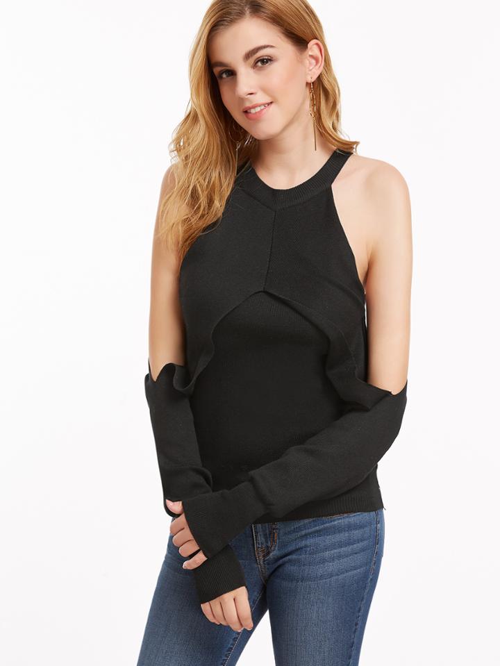 Shein Black Cold Shoulder Layered Jersey Sweater