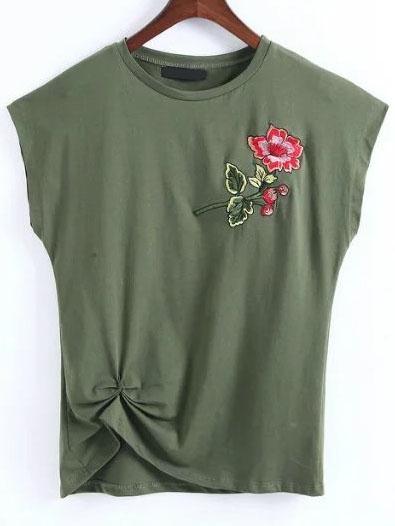 Shein Army Green Flower Embroidery Cap Sleeve T-shirt