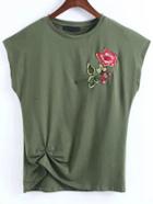 Shein Army Green Flower Embroidery Cap Sleeve T-shirt