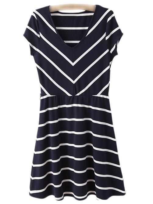 Shein Navy White Stripe V Neck Skater Dress With Belt