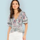 Shein Mixed Print Ruffle Trim High Low Shirt