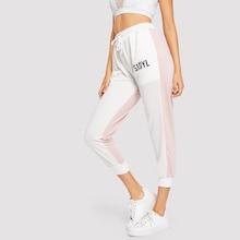 Shein Drawstring Waist Letter Print Colorblock Pants