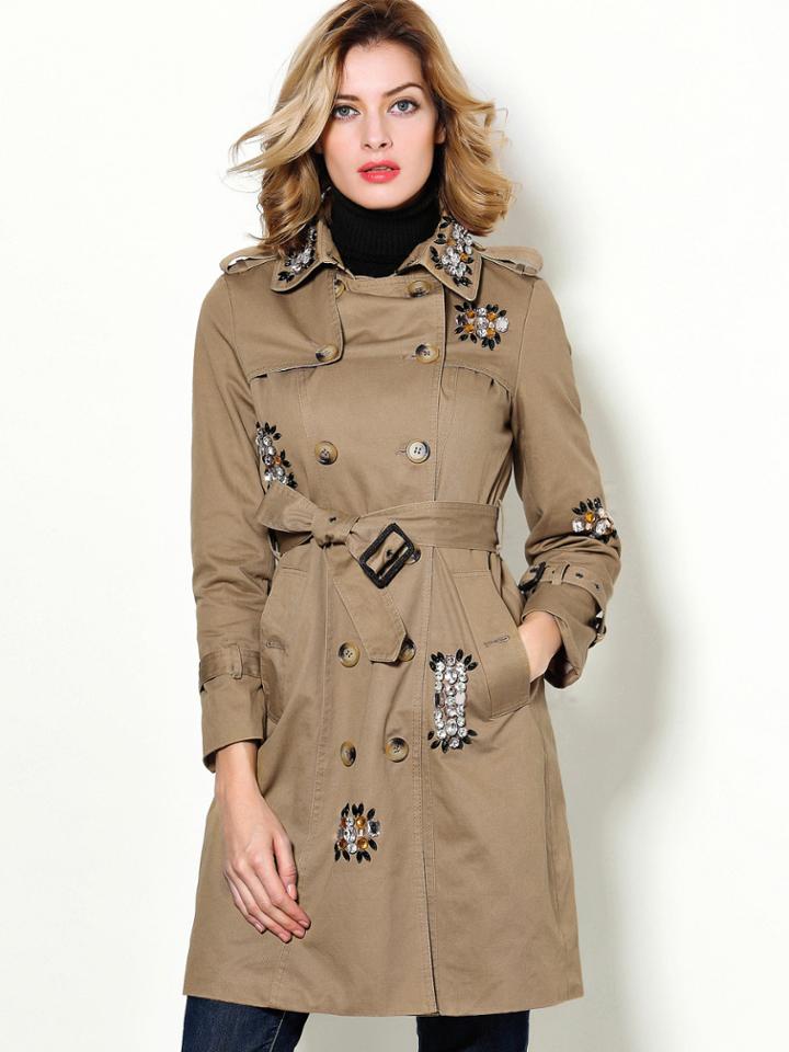 Shein Khaki Lapel Long Sleeve Beading Tie-waist Pockets Coat