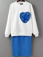 Shein White Crew Neck Heart Pattern Top With Blue Skirt
