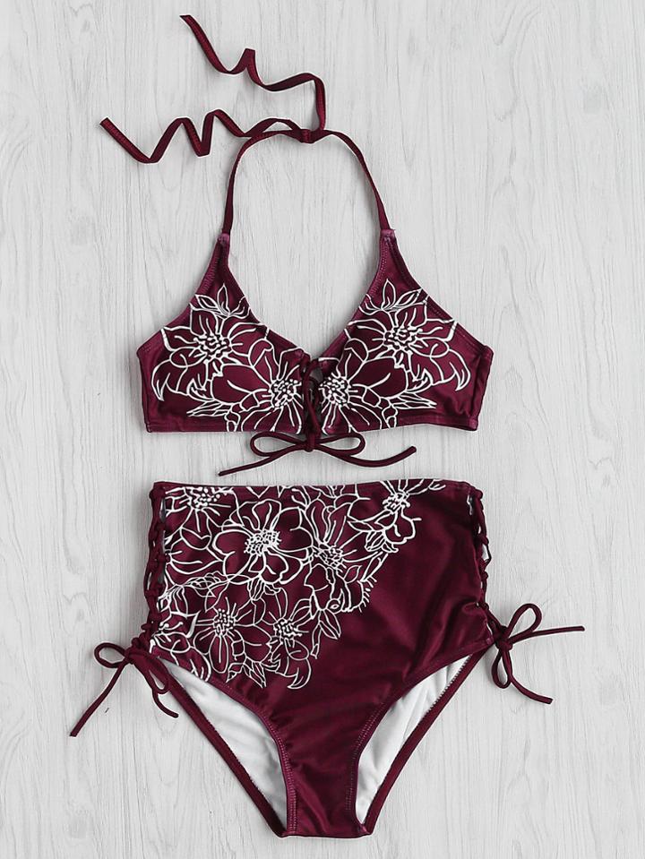 Shein Contrast Flower Print High Waist Bikini Set