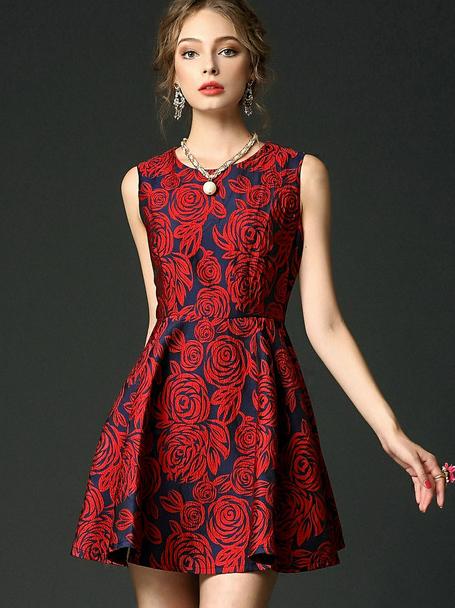 Shein Red Round Neck Sleeveless Jacquard Dress
