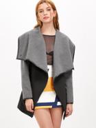 Shein Black And Grey Drape Collar Faux Leather Binding Coat
