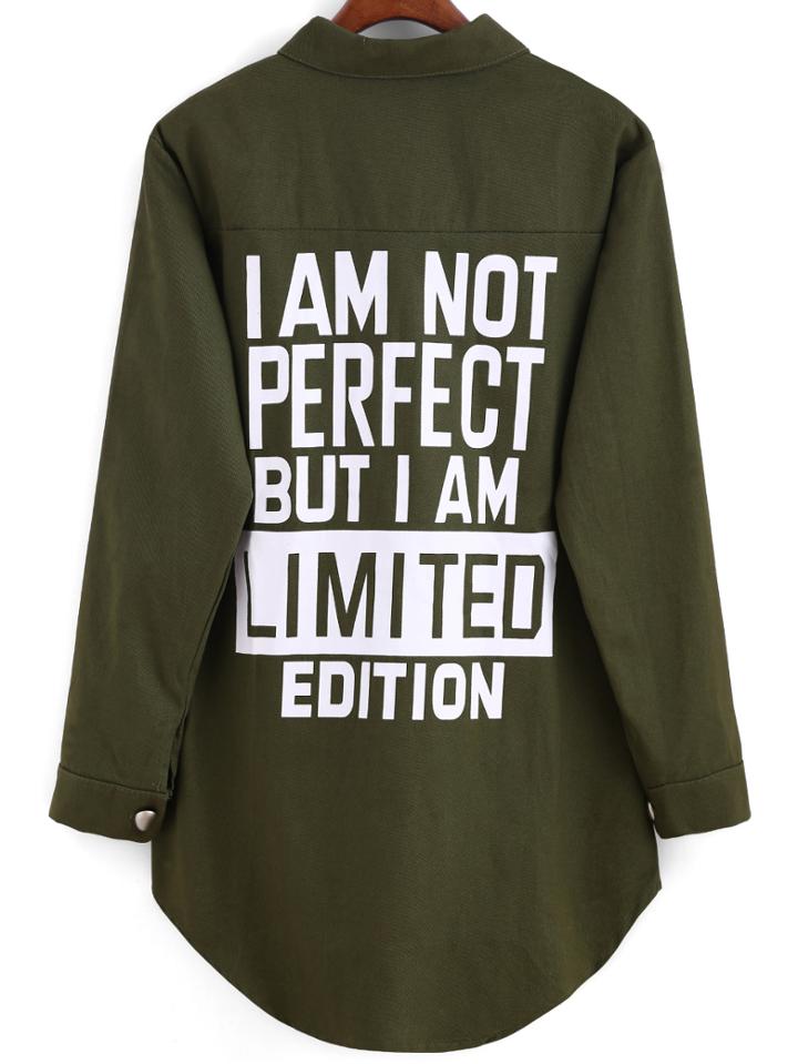 Shein Lapel Letter Print Denim Blouse