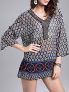 Shein Black V Neck Bead Embroidered Chiffon Top