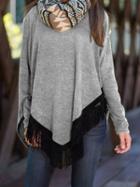 Shein Grey Round Neck Asymmetrical Tassel T-shirt