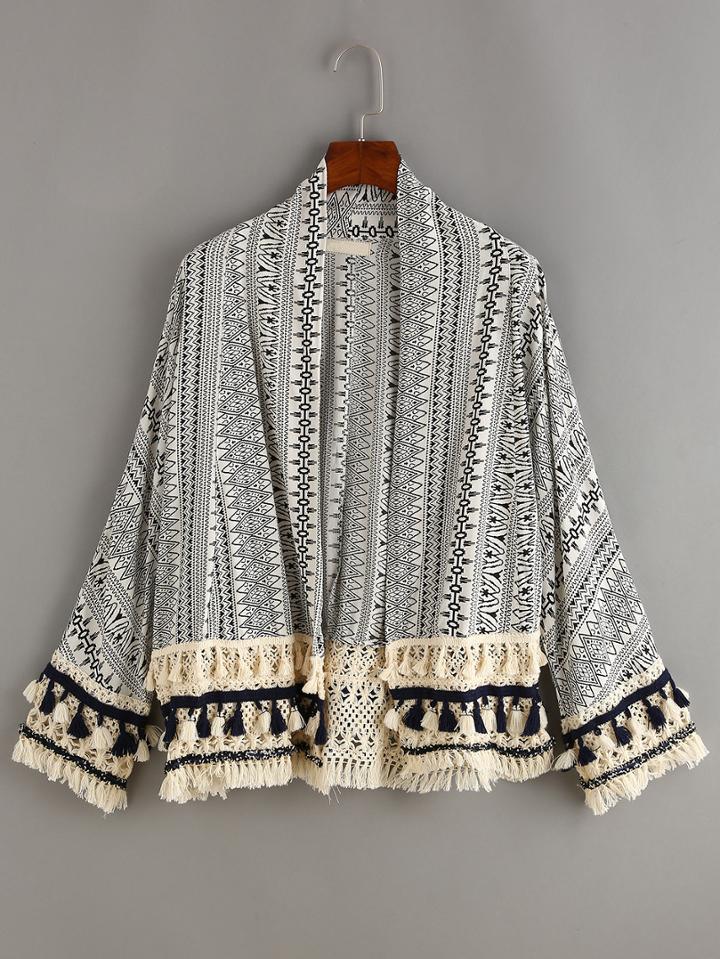 Shein Tassel Trimmed Tribal Print Coat