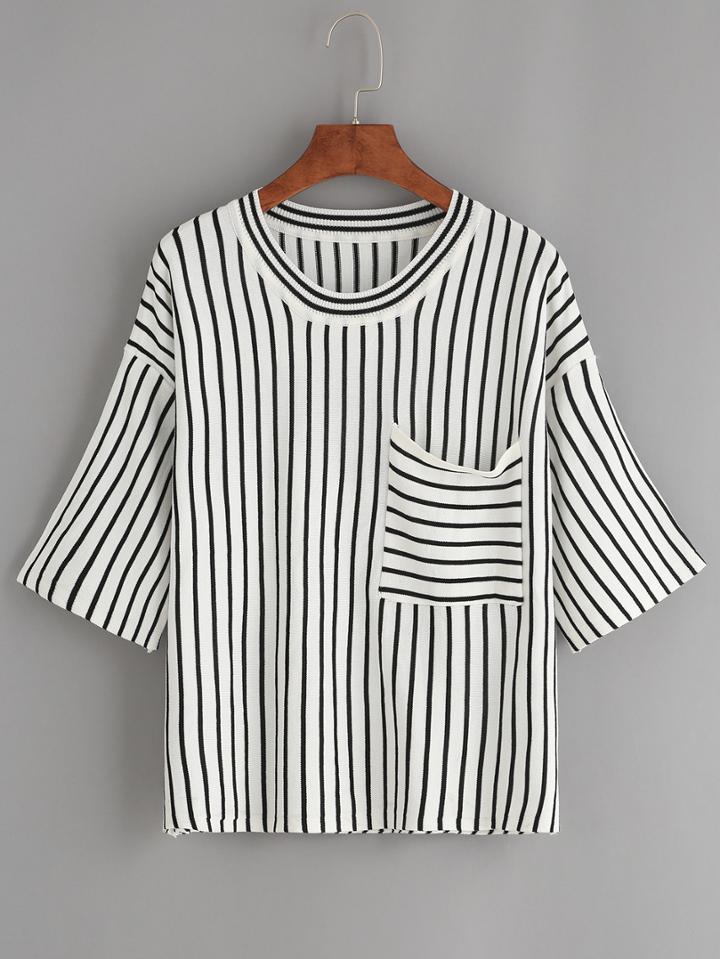 Shein Black Vertical Striped Drop Shoulder Knit T-shirt