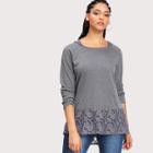 Shein Plus Floral Lace Panel Marled Hooded Tee
