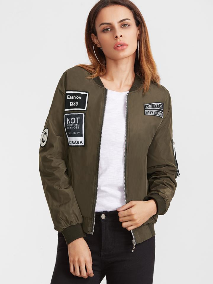 Shein Embroidered Patch Zipper Flight Jacket