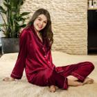 Shein Solid Button Up Shirt & Pants Pj Set