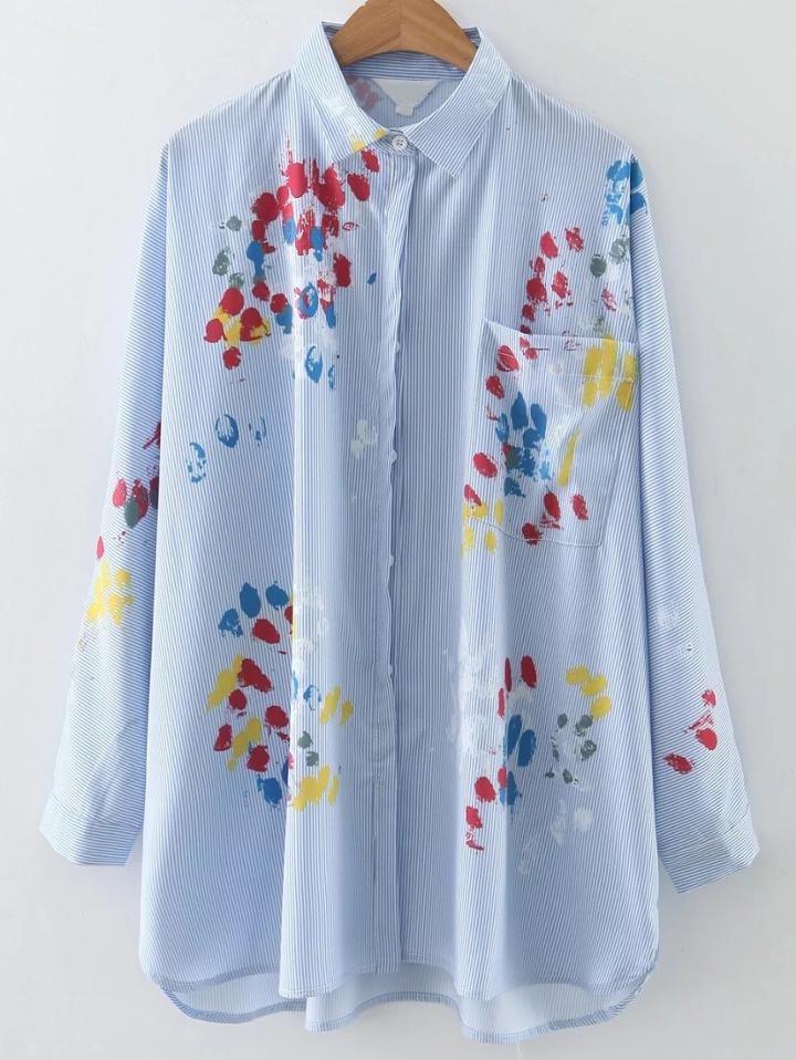 Shein Blue Vertical Striped Printed Dip Hem Blouse With Pocket