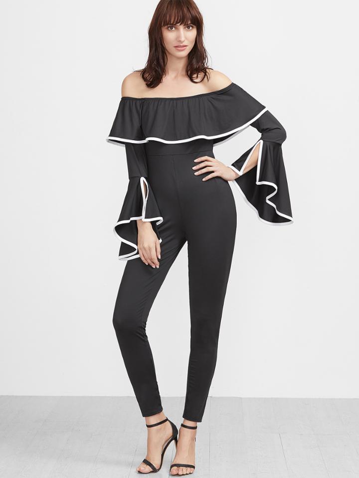 Shein Black Off The Shoulder Bell Sleeve Ruffle Jumpsuit