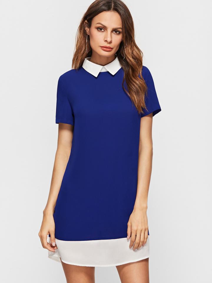 Shein Royal Blue Contrast Collar And Hem Short Sleeve Dress