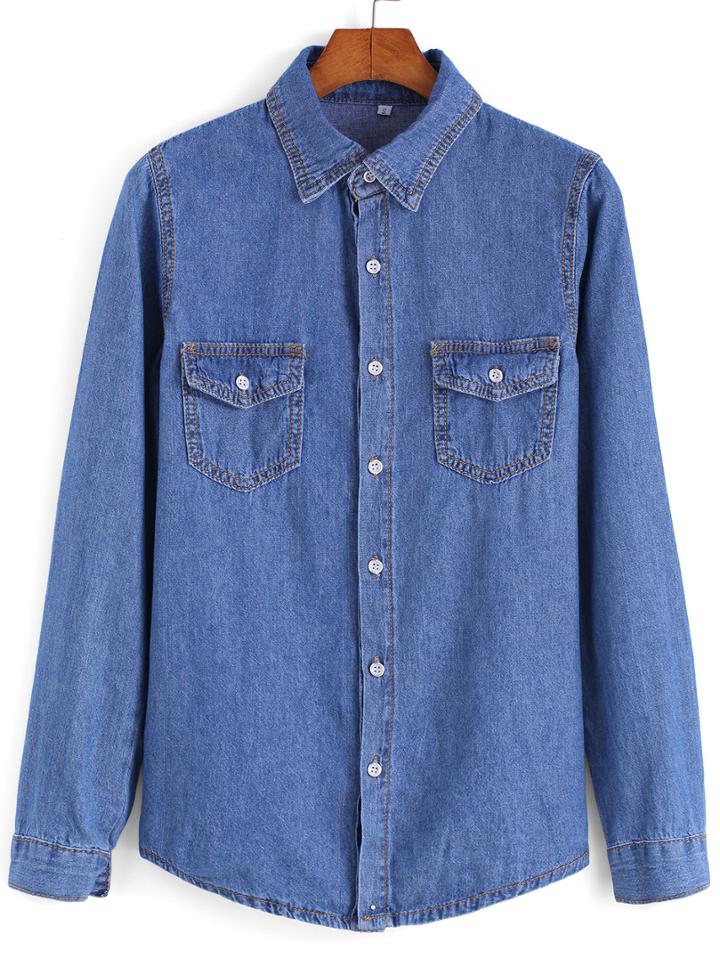Shein Lapel Button-down Pockets Denim Blouse