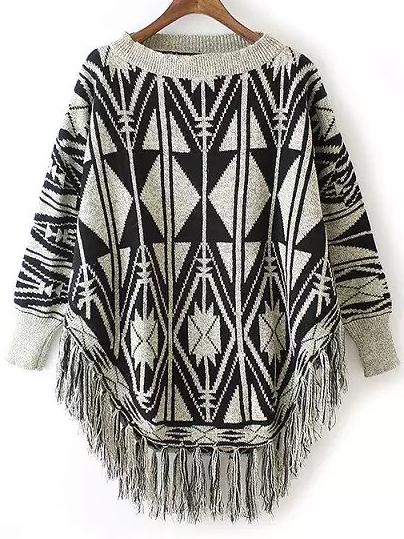Shein Black Grey Round Neck Geometric Print Tassel Sweater