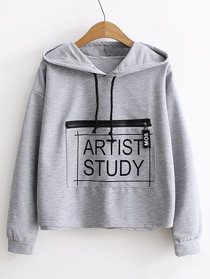 Shein Zipper Pocket Drawstring Hooded Sweatshirt