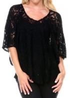 Rosewe Lace Crochet Short Batwing Sleeve Black Top