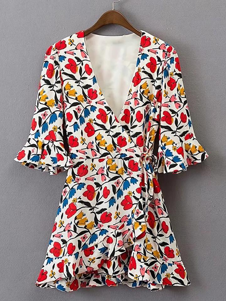 Shein Bell Sleeve Tie Waist Ruffle Trim Playsuit