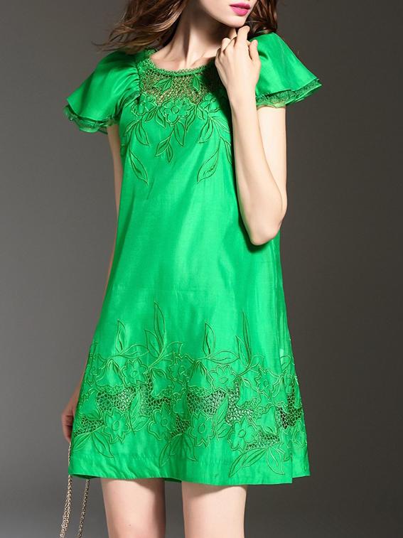 Shein Green Embroidered Mesh Shift Dress