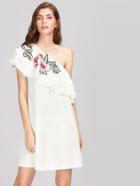 Shein Embroidered Flower Patch Layered Flounce One Shoulder Dress